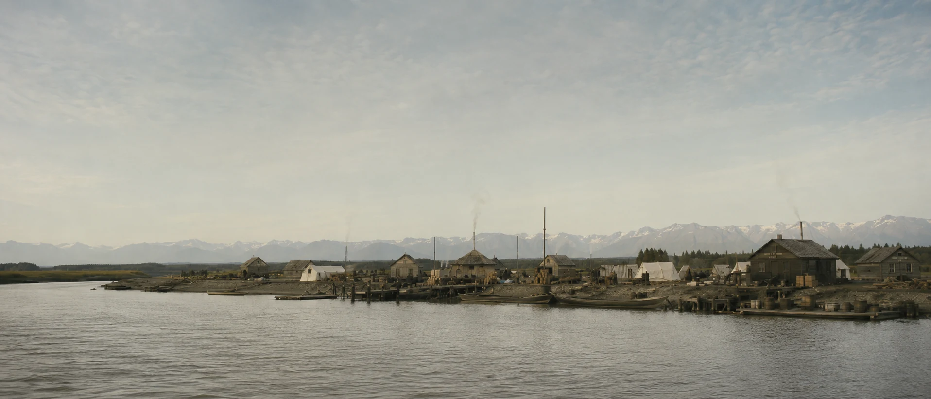 A generated illustration of Ship Creek during the 1915 settlement period.