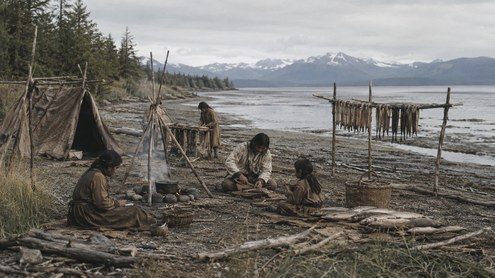 Generated reconstruction of a Dena’ina fish camp near Ship Creek.