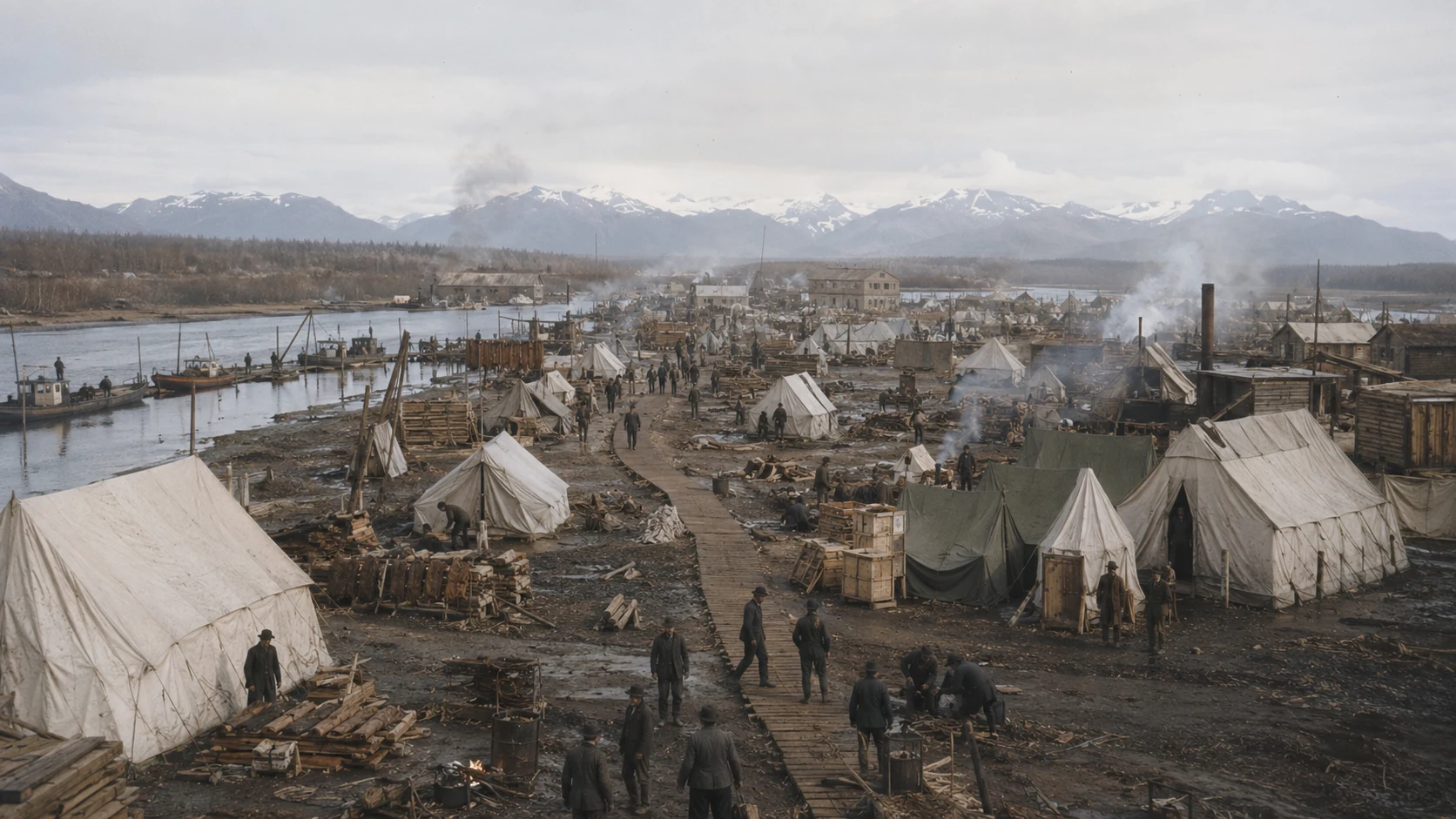 Generated illustration of the Ship Creek tent settlement in 1915.