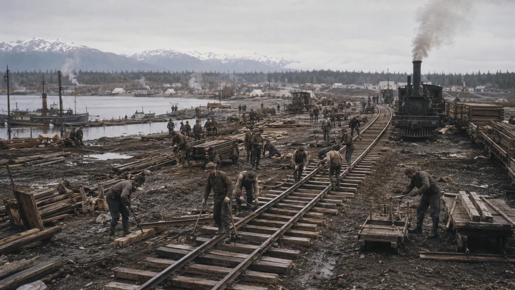 Generated historical illustration of railroad construction at Ship Creek.