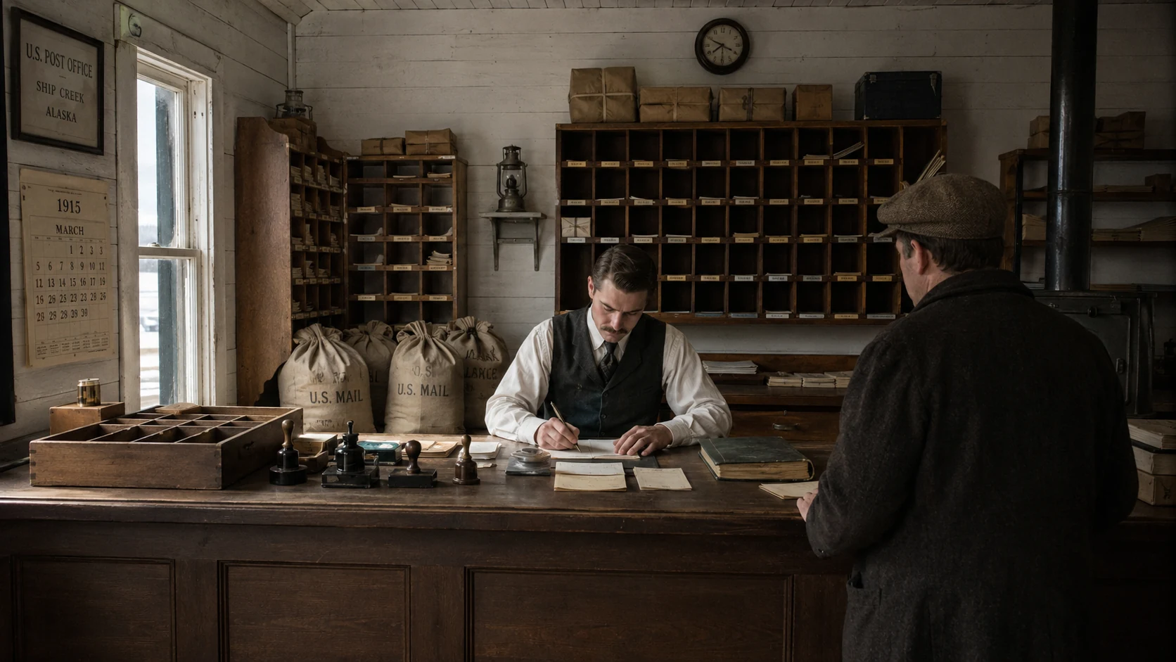 Generated historical illustration of the Ship Creek post office counter.