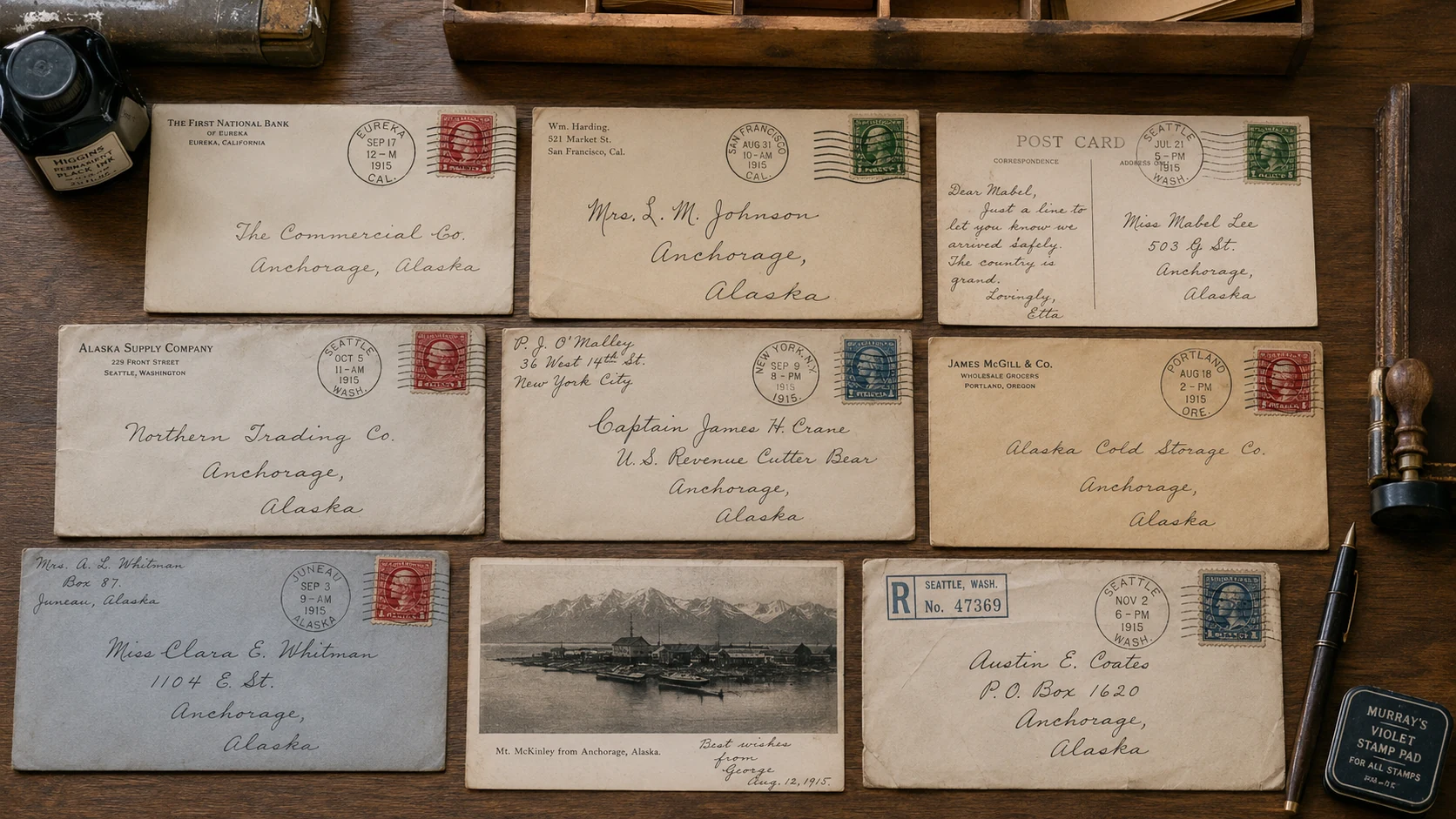 Generated illustration of letters addressed to Anchorage, Alaska.