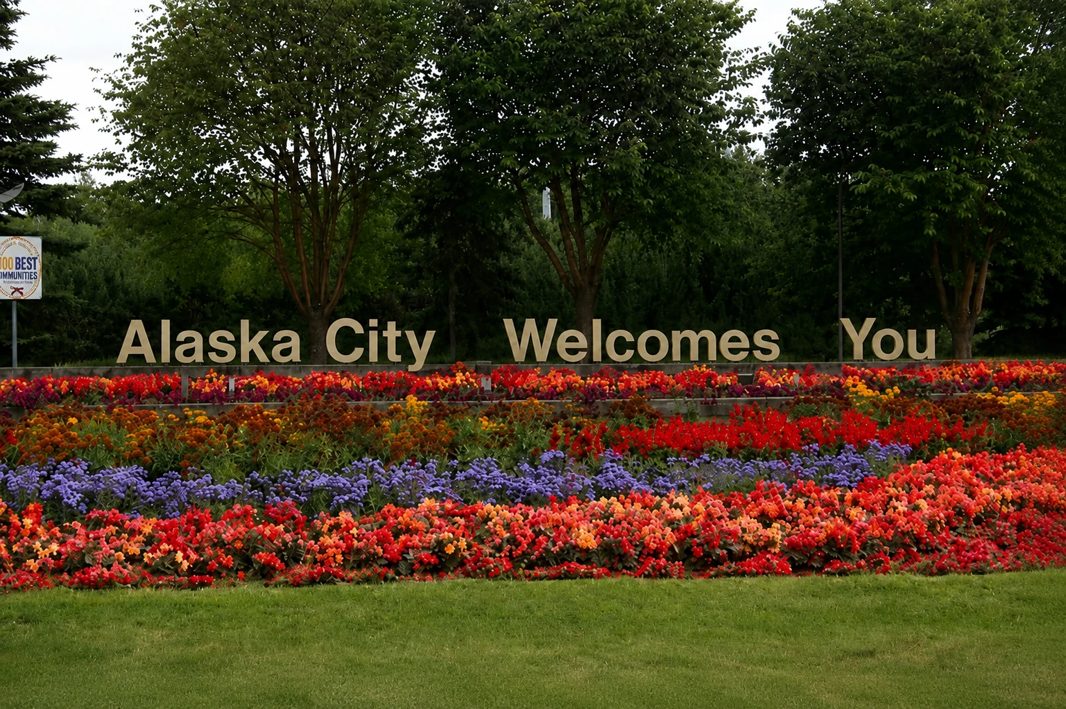 Fictional Alaska City Welcomes You flower-bed sign.