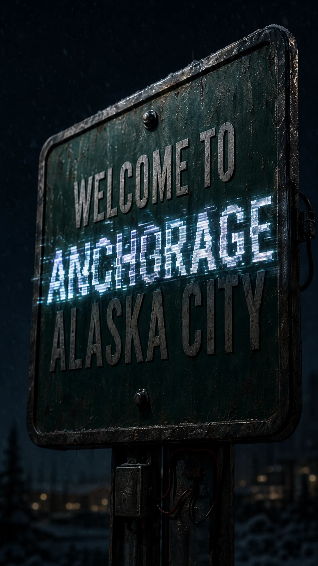 The Alaska City sign flickers briefly to Anchorage.