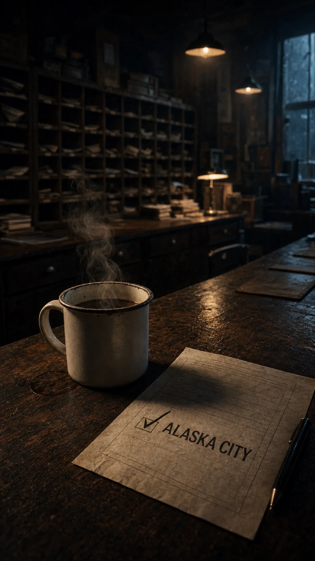 A checked Alaska City ballot rests beside a steaming mug.