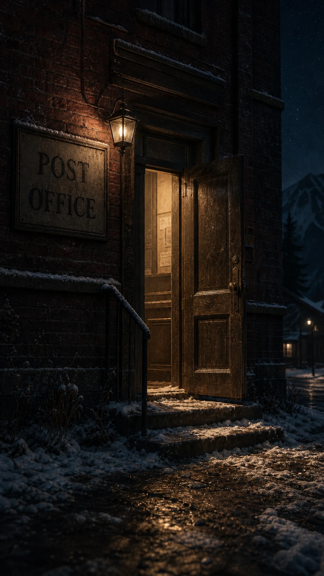 An old brick post office stands open in the snow.