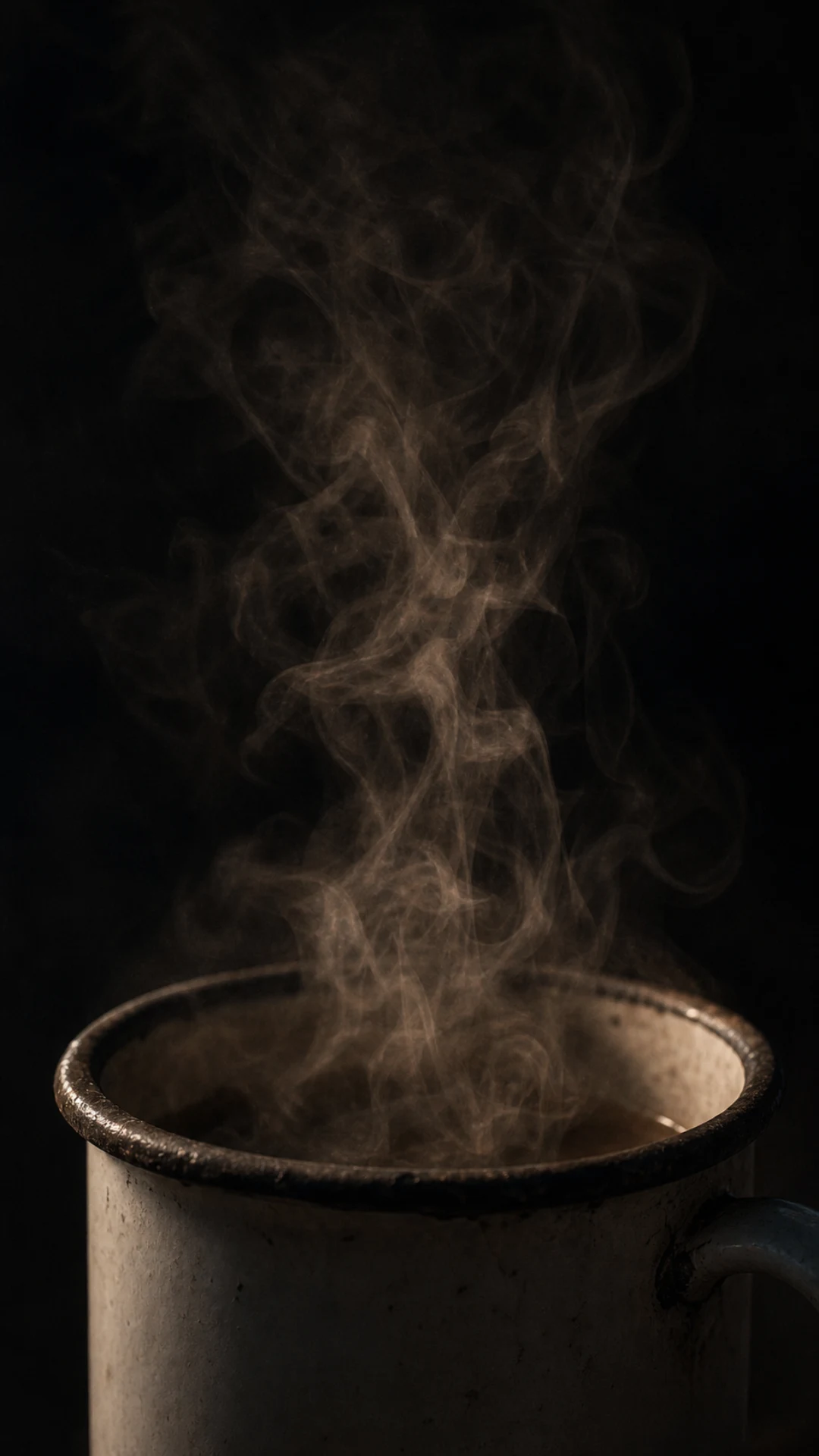 Steam rises from a worn enamel mug into darkness.