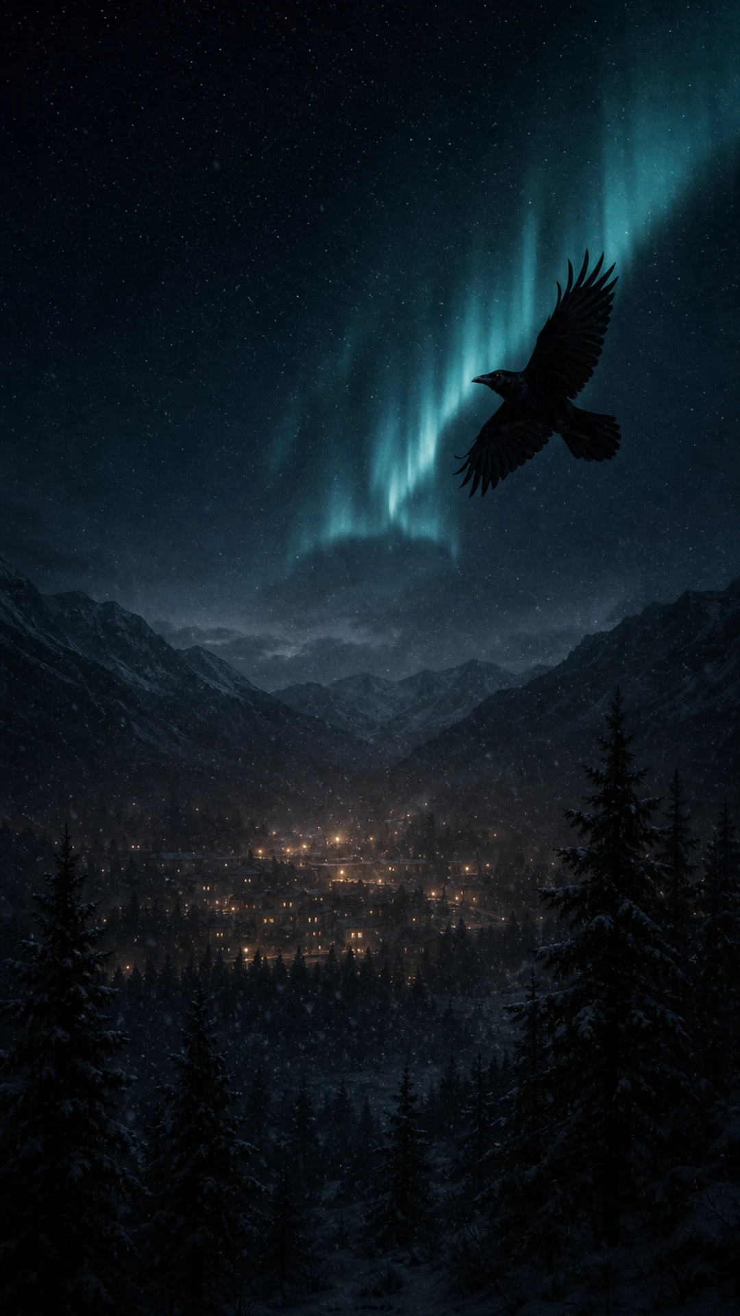A raven crosses an aurora above distant Alaska City lights.