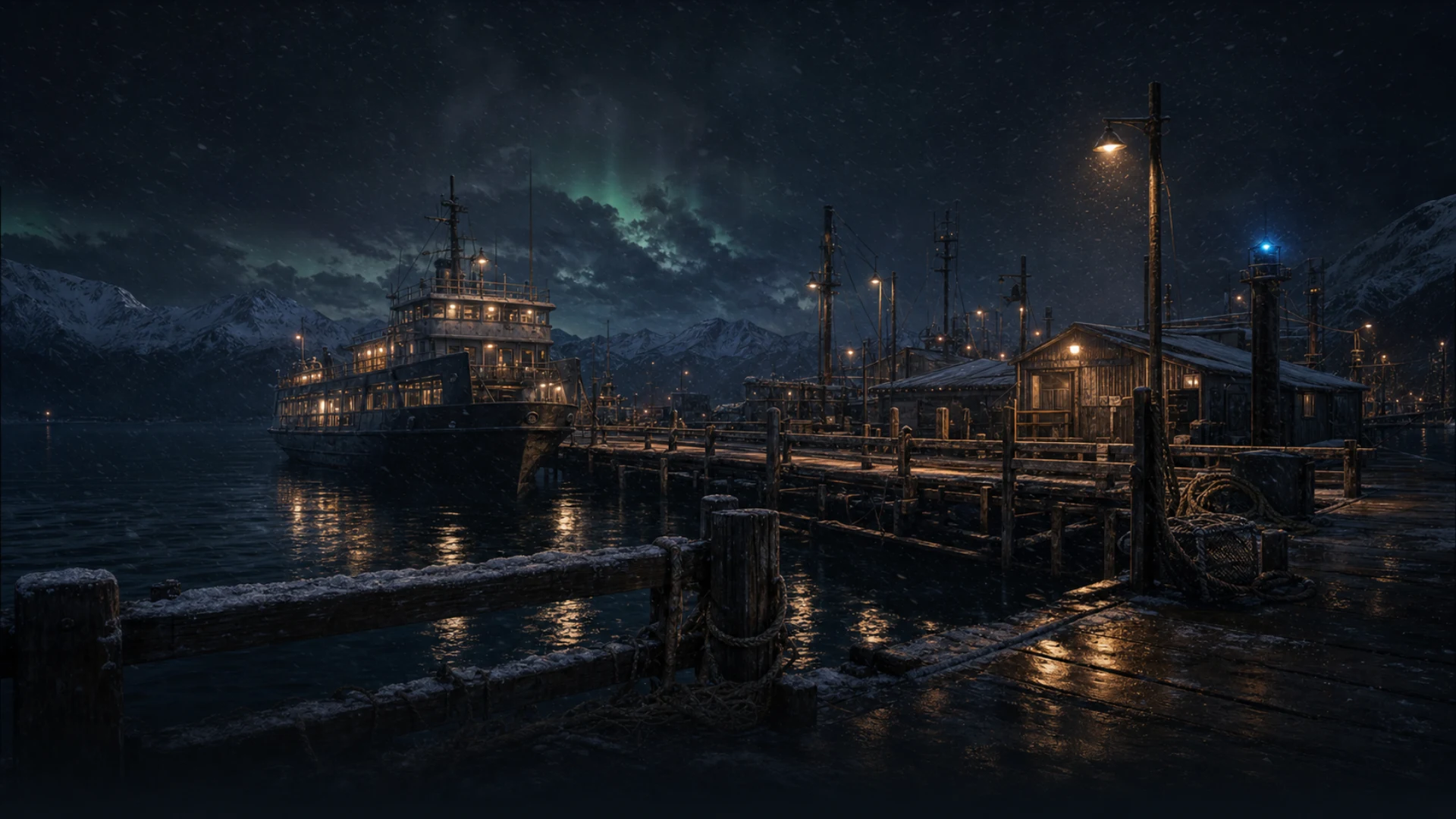 A dark working harbor beneath snowy mountains.