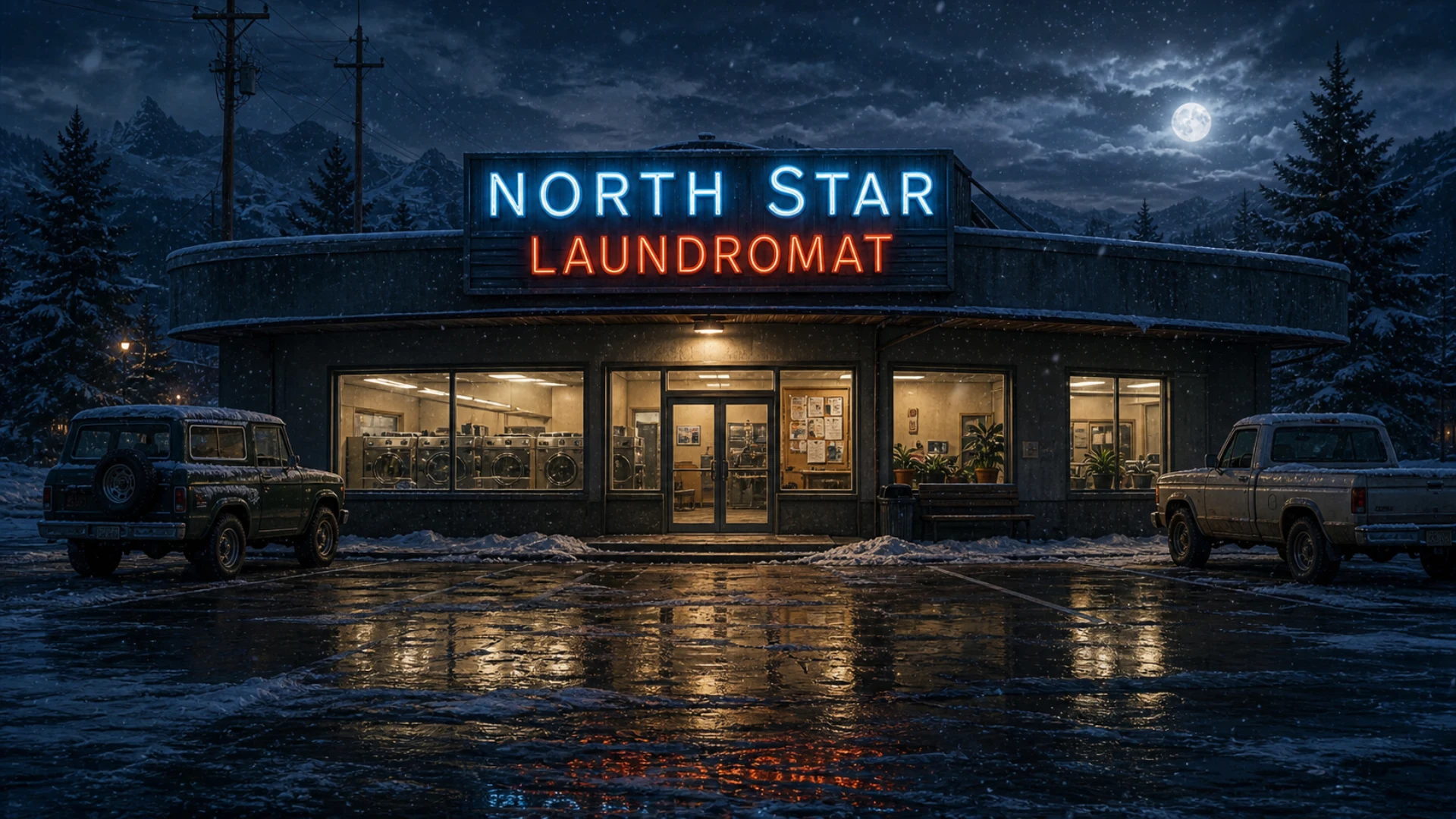 An old laundromat with fluorescent lights and a crowded bulletin board.